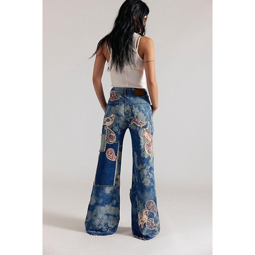 Free People Flying High Patched Jeans We The Free Embroidered Free‎ Birds 26 NWT - Picture 3 of 10